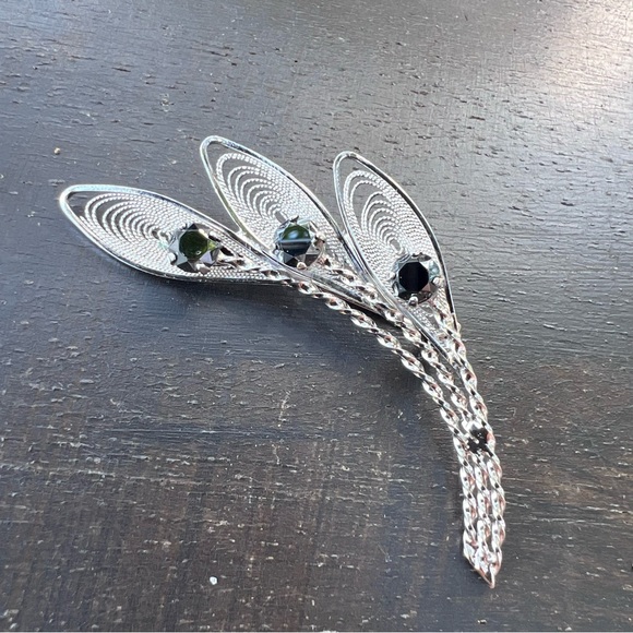 Handmade Elegant Japanese 925 Silver Leaf Black Onyx Brooch Pin. - Picture 2 of 5